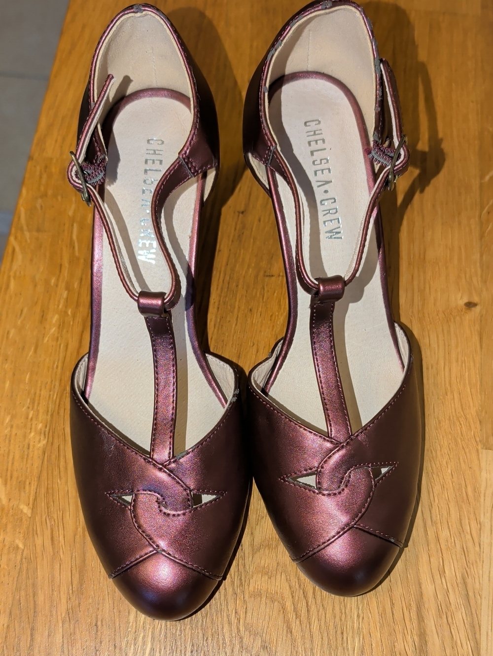 Chelsea Crew Metallic Plum T-Strap Heels Size 39EU/8W